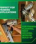 Top Shelf Pneumatic Framing Nailer With Smooth Operator Depth Tweaks And Heavy Duty Aluminum Magazine for snag-free shooting at worksite.