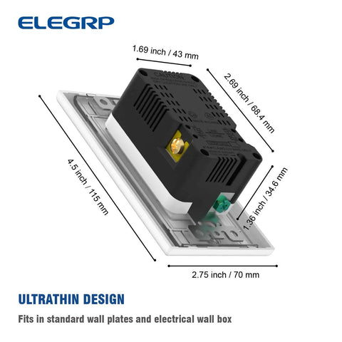 Dimensions of Dual USB Wall Outlet With 4.0A Fast Charging, 20 Amp Duplex Tamper Resistant Receptacle, Wall Plate Included