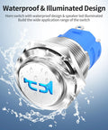 12V Momentary Horn Push Button Switch With Blue LED, stainless steel, waterproof design, with water splash illustration