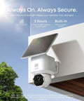 Ultra HD 4K Wireless Outdoor Security Camera With Solar Power And AI Motion Tracking, installed with solar panel.