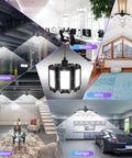 Eight Pack LED Garage Lights With Beastly Bright Seven Plus One Adjustable Panels 200W lighting various spaces