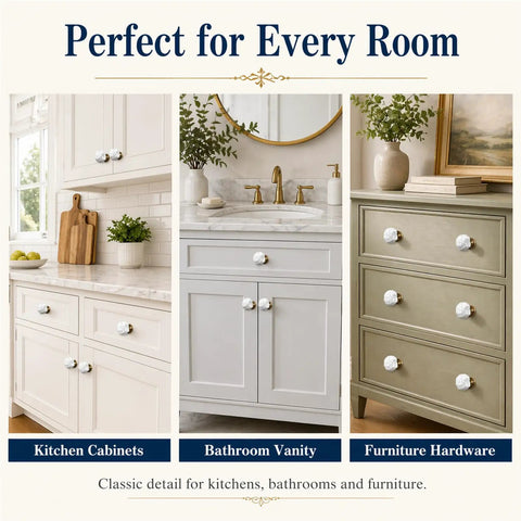 Six Pack Vintage Cabinet Knobs With White Crackled Ceramic And Antique Brass Base For Farmhouse Kitchen Cabinets and Dresser