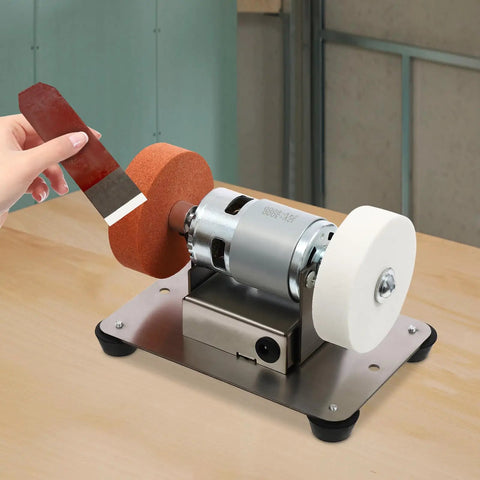 No Nonsense Mini Bench Grinder Rockin A Beefy 96W Copper Motor With Seven Smooth Variable Speeds From 3000 To 6000 Rpm Plus Easy Forward Reverse Controls For Quick Sharpening And Precision Grinding Work, showing tool sharpening in use.