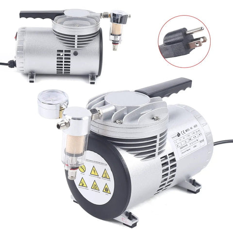 Pro Grade Oil Free Diaphragm Vacuum Pump Delivering Tough Build And Whisper Quiet Operation With One Sixth Horsepower Motor For Food Packaging And Lab Tasks, features a pressure gauge and filter.