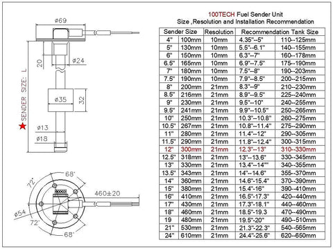 Hardcore Stainless Steel Marine Fuel Sending Unit 12 Inch Reed Switch Setup 240 Ohm Range dimensions and installation guide diagram.