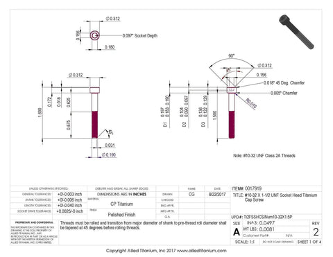 Technical drawing of Rock Solid Pack Of 10 Grade 2 Titanium Socket Head Cap Screws 10-32 X 1-1/2 Inch Unf Thread specs.