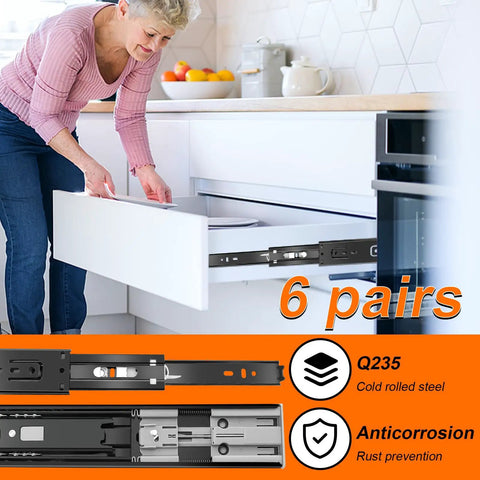 14 Inch Heavy Duty Drawer Slides 6 Pairs Soft Close Full Extension Side Mount Cabinet Rails Black Self Closing Glides For Kitchen Dresser Hardware 100 Pound Capacity Built Tough And Zero Hassle Install shown in use.