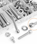 Heavy Duty Assorted Hex Socket Head Cap Screws Kit With Matching Nuts And Flat Washers 10-24 Coarse Thread 304 Stainless Steel in a clear storage box.