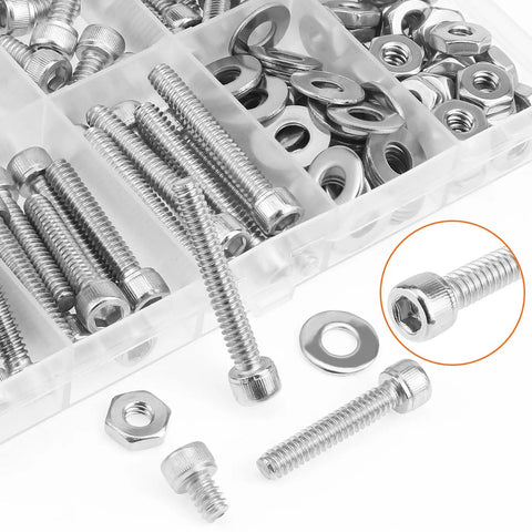 Heavy Duty Assorted Hex Socket Head Cap Screws Kit With Matching Nuts And Flat Washers 10-24 Coarse Thread 304 Stainless Steel in a clear storage box.