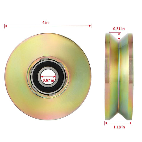 Side and front view of 4 Inch V Groove Wheel With Double Bearings For Inverted V Track Gate Caster in galvanized AISI 1045 steel.