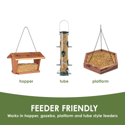 Top Shelf No Mess Wild Bird Seed Mix For Backyard Songbirds in different feeder styles including hopper, tube and platform.