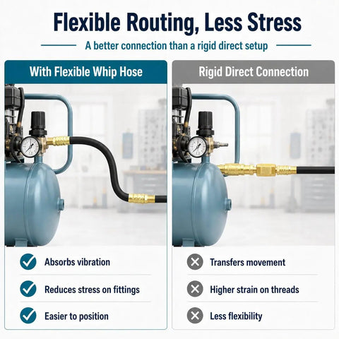Super Flexible Air Compressor Whip Hose Kit With Bad Boy Kink Resistant Rubber Tubing For Pneumatic Tool Connection And Easy Shop Routing Without Any Sweat Or Hassle comparison showing flexibility versus rigidity.