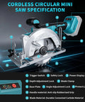 Badass Cordless Mini Circular Saw Drops Right Into Your Makita 18v Setup And Shreds Wood Fast On The Job Site Without Any Hassle, showing specifications.