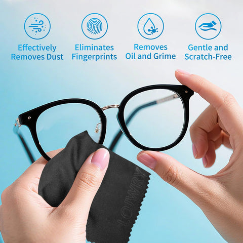 Black microfiber eyeglass cleaning cloth; 6-pack, individually wrapped, for glasses and camera lenses.