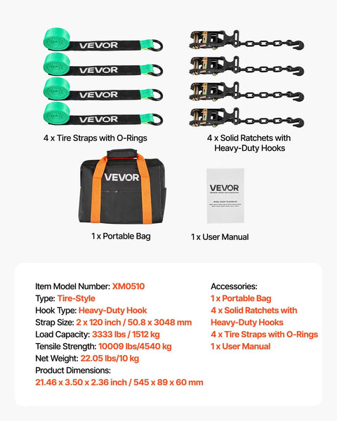 Heavy Duty Tire Safe Ratchet Strap Kit With Thick Rubber Blocks And Beefy Steel Hooks Secure Motorbikes And Atvs And Suvs Road Ready Tie Down System For Tough Hauls with four straps and bag.