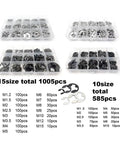 Snap Ring And E Clip Set Kit 585/1005 Pcs External Retaining Rings M1.2 To M15 Black 65Mn Steel And 304 Stainless Versatile Assortment