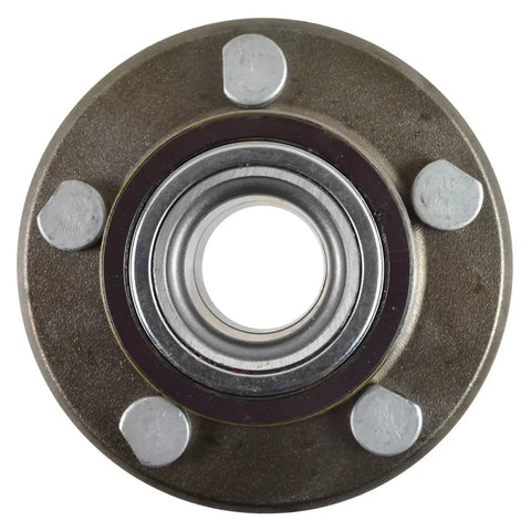 Heavy Duty Front Wheel Bearing Hub Assembly With CV Axle Shaft Four Piece Drivetrain Replacement Kit 2009 Through 2011 Dodge Challenger front view showcasing steel bearing and bolt fittings.