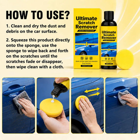 Car Scratch Remover Kit That Banishes Blemishes Fast Quick Fix Polish Paste For Deep Scratches On All Paint Colors 2 Pc Set showing application instructions.
