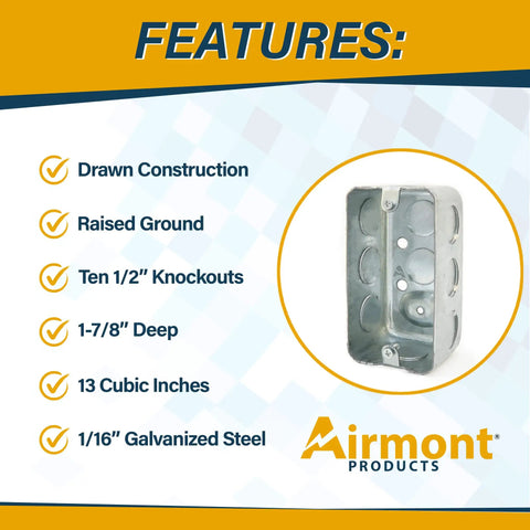 No Nonsense Utility Electrical Junction Box And Blank Cover Combo Gritty Galvanized Steel Drawn Body with features listed and clear view.
