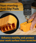 Pro Grade Drill Guide And Jig Block with six drill ports for straight perpendicular holes, anti-slip pads, shown in use on wood