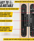 Detail of Six Inch Hidden Door Hinge With Concealed Hardware Kit For Flush Wall Mounts, showing adjustable features and installation on door frame.