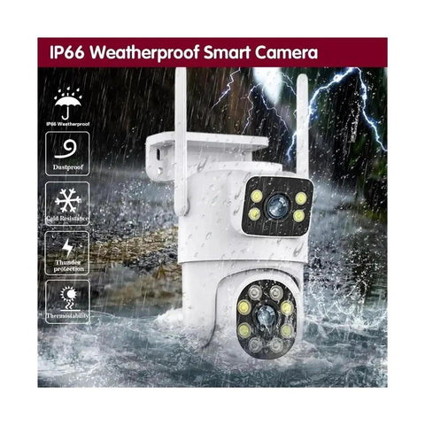 Badass Dual Lens 8Mp Ptz Wifi Security Camera With AI Human Detection And Auto Tracking Hella Crisp Night Vision Two Way Audio And Alexa Ready Top Shelf IP66 Weatherproof Monitoring in heavy rain showing durability and design.