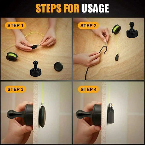 Magnetic Wire Puller Kit With Handle For Easy Cable Routing Through Walls And Floors Electricians Magnetic Wire Pulling System For Fast Threading shown in usage steps