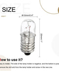 E10 Screw Base Miniature Bulbs, 25mm tall, 10mm wide, clear glass, shown with size details for tech use.