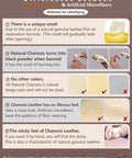 Eyeglass cleaning cloths: infographic on natural chamois leather vs microfiber with beige swatches.