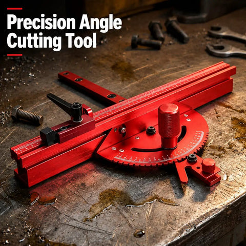 Precision Adjustable Miter Gauge For Table Saw With Solid Aluminum Fence And Smooth Ball Bearing Slide For Dead Straight Crosscuts, red aluminum tool on a workbench.