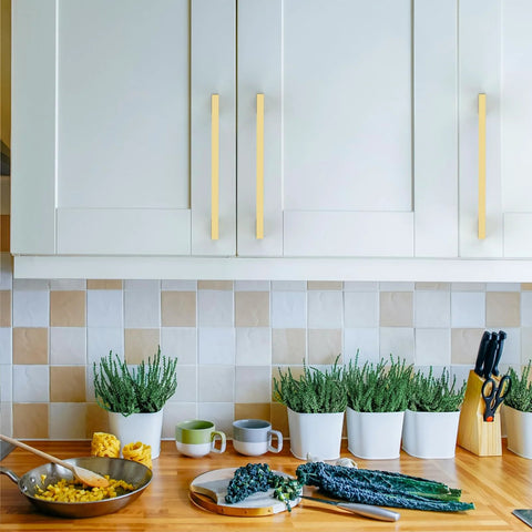 Kitchen cupboards with 10 Pack 5 Inch Brushed Gold Cabinet Handles For Cupboards And Drawers, 128mm Long Kitchen Cabinet Hardware Pulls.