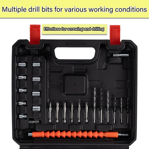 Multiple drill bits in a black case, suitable for Heavy Duty Brushless Cordless Drill Driver With Copper Motor, Adjustable Torque And Stepless Variable Speed Trigger For No Nonsense Job Site Performance.