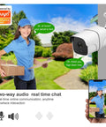 Slick Outdoor WiFi Bullet Security Camera With Heavy Duty Five Megapixel Sensor And Smart AI Human Detection For Crisp Day And Night Surveillance Footage Featuring Dual LED Night Vision And Flexible Storage Support. Delivery person with package interacts via camera.