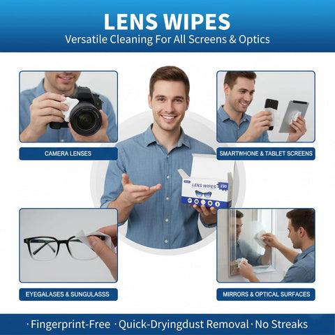 Lens Cleaning Wipes, 220-count; Amazon brand box shown with camera lens, glasses, phone and tablet screens, mirrors.