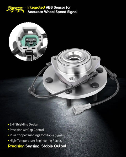 Tough As Nails Front Wheel Bearing Hub Assembly With Built In Abs And Six Lug Studs For Nissan Titan Armada And Infiniti Qx56 V8 Five Point Six Liter 4wd Only, showing integrated ABS sensor and aluminum design.
