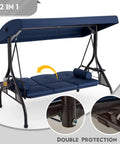 Three Seat Outdoor Porch Swing With Adjustable Canopy And Stand, Convertible Patio Glider Bed With Thick Cushions And Pillow