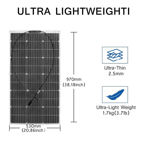 Image of a 10 Pack Flexible Monocrystalline Solar Panels 100 Watts Each with dimensions, showcasing ultra-thin 2.5mm design.