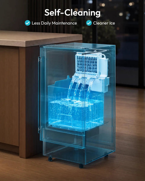 Stay Frosty All Night Long With This Heavy Duty Under Counter Ice Maker showing self-cleaning feature with visible water flow.