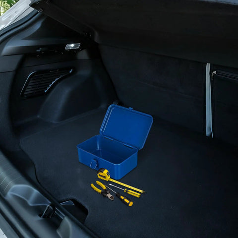 Darn Tough Steel Toolbox With Lock For Trunk Storage keeps tools square and secure while you cruise in a vehicle trunk.