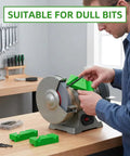 Top Grade Knockout Drill Bit Sharpening Jig Kit With Three Adjustable Angle Blocks For Bench Grinders And No Sweat Woodworking Tool Restoration Workflows Shop Side being used on a bench grinder.