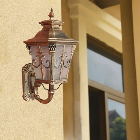 Rustic Exterior Wall Lantern Heavy Duty Outdoor Light Fixture For Front Porch durable antique brown sconce mounted on wall.