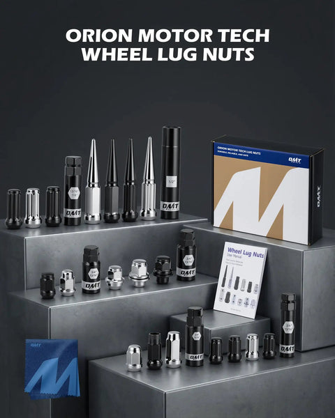 Badass M12x1.25 Lug Nuts With 60-degree Cone Seat And Includes Socket Key displayed on gray surfaces with packaging.
