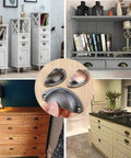 10 Piece Set Of Badass Antique Bronze Cup Pull Handles With Classic Half Moon Shell Design, displayed on dressers and shelves.