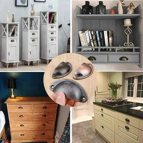 10 Piece Set Of Badass Antique Bronze Cup Pull Handles With Classic Half Moon Shell Design, displayed on dressers and shelves.