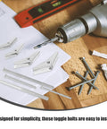32 Piece Stainless Steel Toggle Bolts And Drywall Anchors Kit With Wing Nuts for furniture mounting shown with drill and screws