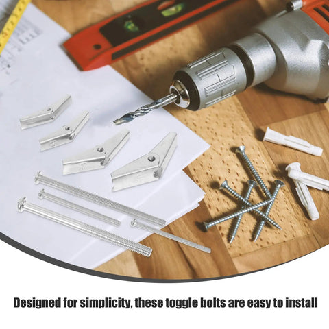 32 Piece Stainless Steel Toggle Bolts And Drywall Anchors Kit With Wing Nuts for furniture mounting shown with drill and screws