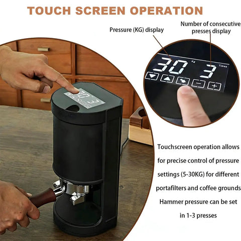 Automatic 58mm Electric Coffee Tamper Featuring Adjustable Pressure Control And Programmable Tamping Cycles, touchscreen operation showing pressure settings.