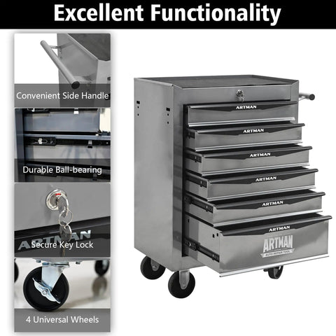 Industrial Grade Rolling Tool Storage Cabinet With Tough Steel Top And Glide Smooth Ball Bearing Slides Mobile Garage Chest With Brake Caster Wheels For Weekend Warriors And Daily Shop Grind Projects Silver with secure key lock and side handle.