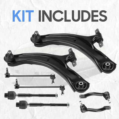 Zero Shimmy Setup Front Lower Control Arms Sway Bar End Links And Outer Tie Rods Full Suspension Repair Kit For 2008 2013 Nissan Rogue And 2014 2015 Rogue Select with black metallic finish and essential components.