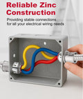 25 Piece Metal Cable Connectors For Three Eighth Inch Conduit Zinc Electrical Fittings in use with colorful wires in a junction box